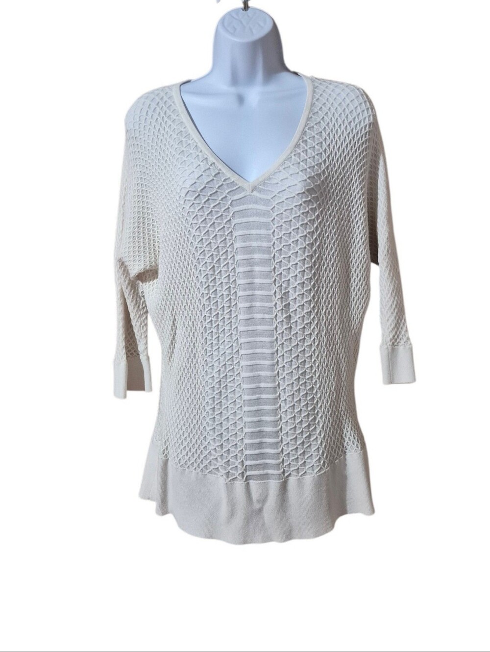 Dana Buchman V-Neck Open Knit 3/4 Sleeve Banded Bottom Women's Sweater in Cream